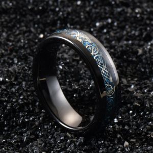 Dome Black Ceramic Wedding Band 6mm Blue Carbon Fiber And Dragon Inlayed