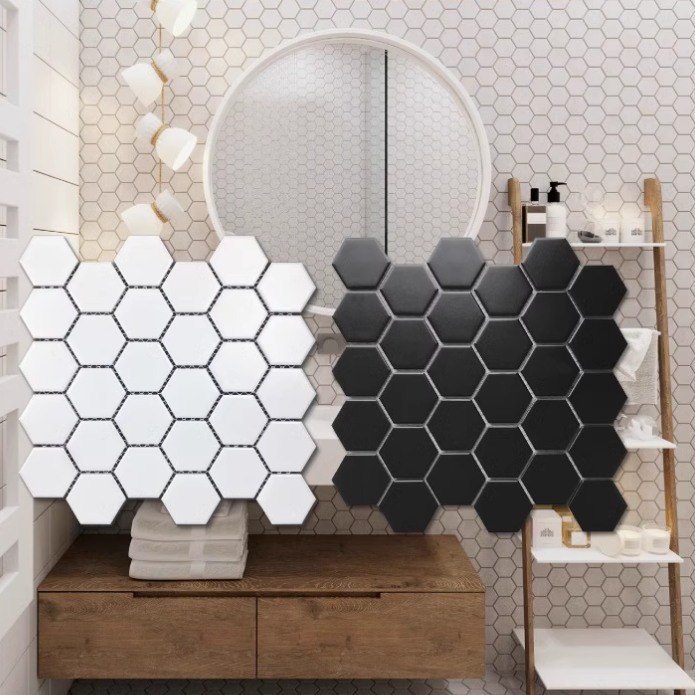 Modern Design Style Pure White Ceramic Hexagon Floor Tile with Honeycomb Glass Mosaic