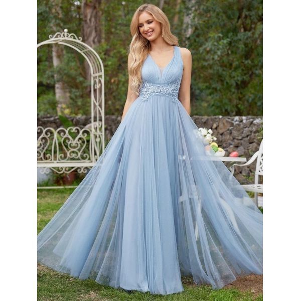 Charming Empire Beaded Sleeveless V-neck Ruffled Spaghetti Strap A-line Pink Tulle Evening Dress