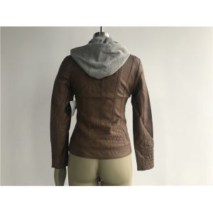 Grey Pu Leather Coat Melange Detachable Hooded Camel Tw74382