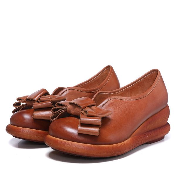 Buy S045Original retro handmade women's shoes spring new products 2020 leather wedge single shoes bow knot shoes at wholesale prices