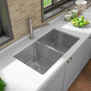 32''X19'' Handmade Kitchen Sink Double Bowl 18G Satin Brushed