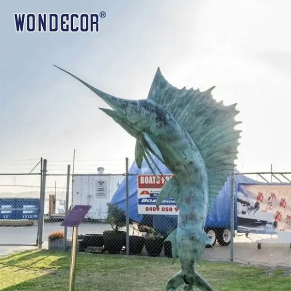 Interesting outdoor garden decoration with large bronze sailfish sculptures