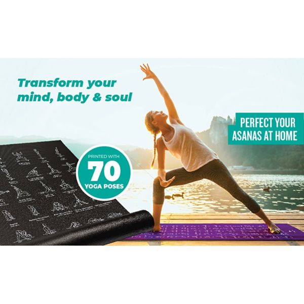 24" X 68" Instructional Non Slip Eco Friendly 70 Printed Poses Yoga Mat for Men and Women