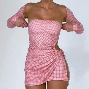 OEM maufactory long -sleeved short skirt side polyester women's pink lattice