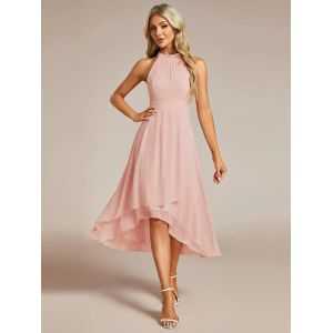 Quality Tea-length A-line Sleeveless Halter Neck Wedding Guest Dress Pink Chiffon Cocktail Dresses for sale
