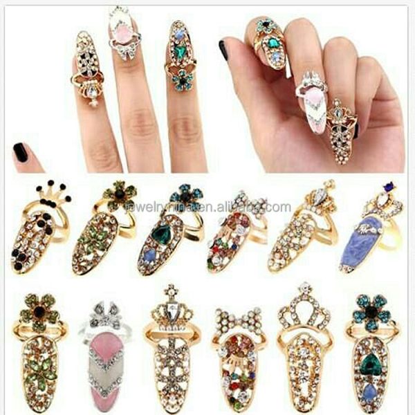 Fashion Jewelry Rhinestone Fingernail Protective Bowknot Nail Ring Charm Crown Flower Crystal Finger Nail Rings For Women AP455