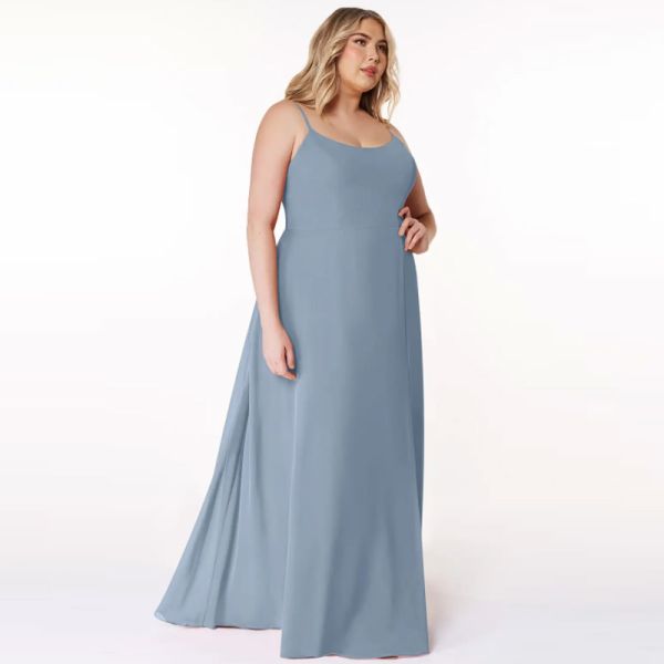 Professional OEM Sky Blue Chiffon Long Bridesmaid Dress Spaghetti Straps Scoop Neck Front Split Slit A-Line for Wedding
