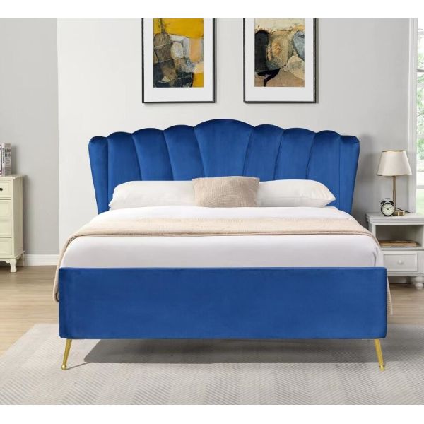 Blue Velvet Fabric Ottoman Gas Lift Storage Bed With Four Golden Feet