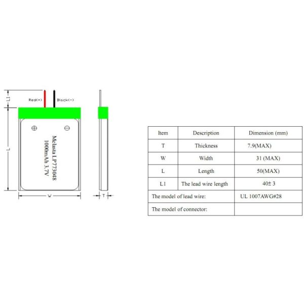Lp773048 Lithium Polymer Battery 1000mAh 3.7V