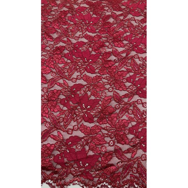 Red Embroidered Lace with Spark Precision Leafy Romantic Fabric for Party Gowns