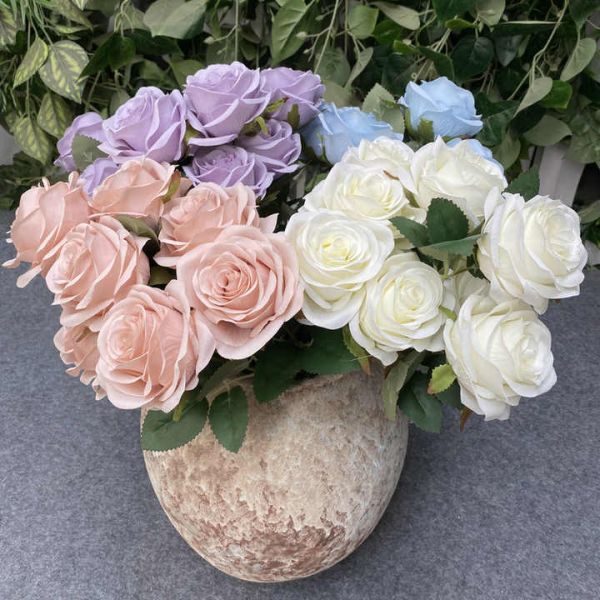Single 9-flower Simulated Rose Bouquet with Artificial Rose Branches for Wedding Decoration and Photography Props