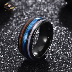 8mm Black Deer Antler Tungsten Ring Inlayed With Blue Fishing And Whiskey Barrel