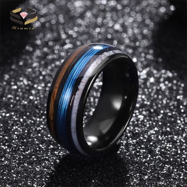 8mm Black Deer Antler Tungsten Ring Inlayed With Blue Fishing And Whiskey Barrel