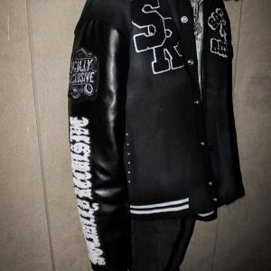 Custom Men Leather Sleeve Chenille Distress Embroidery Black Varsity Jacket