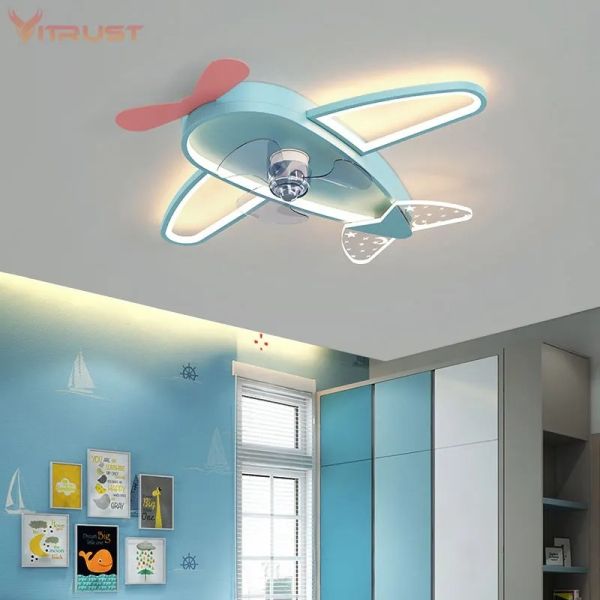Kids Children Room LED Ceiling Fans Dimmable Remote Control Creative Plane Ceiling Fan With LED Light (WH-CLL-64)