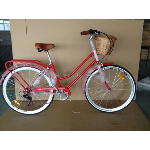 Vintage Lady Bike with Basket Red Color Low Step Through Hybrid 5 Speed Comfort Cruiser