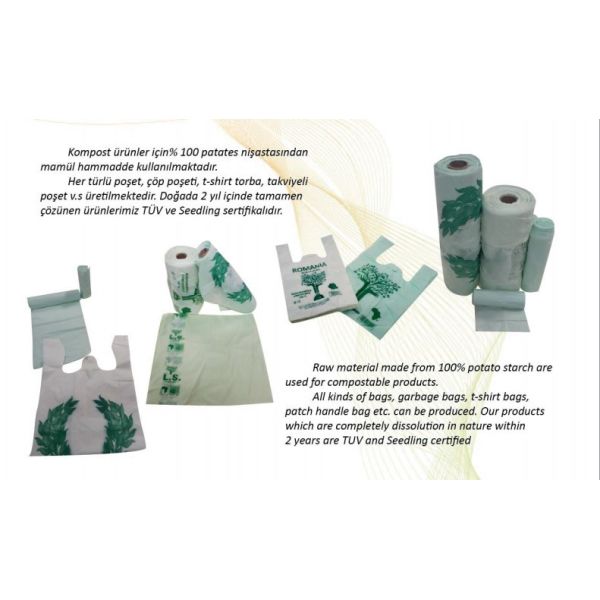 Promotional White EN13432 Certified Compostable shopping bag for supermarket, 100% compostable plastic t-shirt shopping