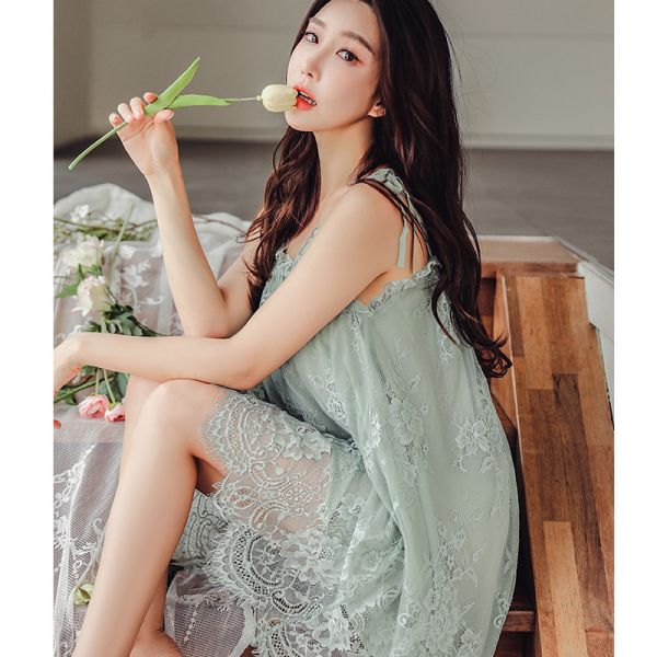 Lace Temptation Mesh Nightdress Loose Sleeveless Sling Sexy Womans Pajamas