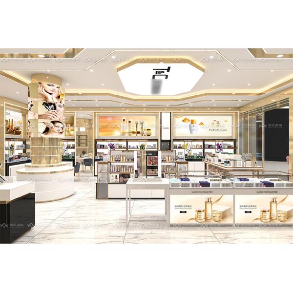 Retail Shop Fitting Gold Rush Series Case 93sqm Cosmetic Display Design for