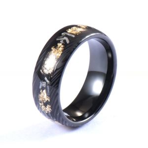 China Christmas/ Year/Father's Day 8mm Black Damascus Tungsten Rings for Men Meteorite Gold Leafs Inlay Wedding Engagement Band on sale
