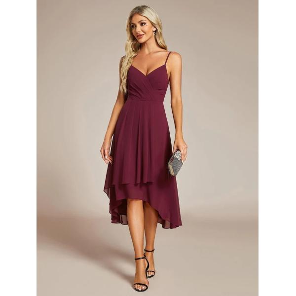 Sexy Elegant V-neck Spaghetti Strap High-low Chiffon Wedding Guest Dress Burgundy Cocktail Dresses