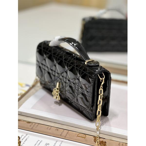 Branded Lady Dior Patent Clutch Small Pearl Black Flip Closure