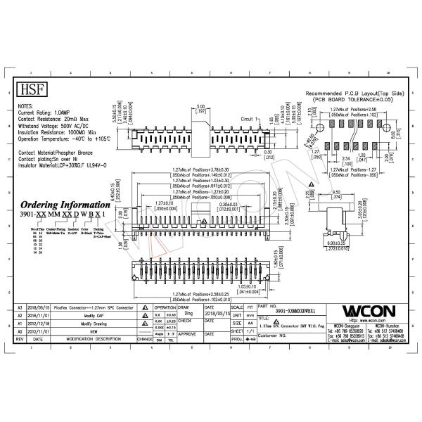 WCON 1.27mm Spc Wire To Board Connector 20 Pin 500v Ac / Dc Lcp With Post