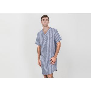 Stripeed Design Mens Short Sleeve Nightshirts Button Placket Embroidery Curved