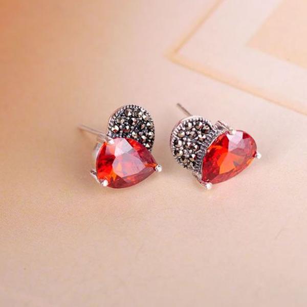 925 Silver Red Cubic Zirconia and Marcasite Heart Stud Earrings (E11067)
