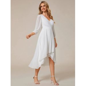 Elegant Empire Long Sleeve V-neck High Low A-line Ruffled Midi Hot Pink Chiffon