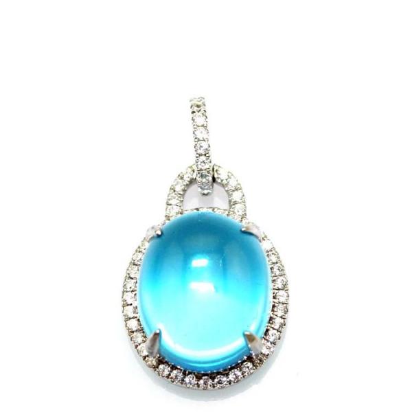 925 Sterling Silver 12x14mm Dome Blue Topaz CZ Diamonds Pendant and Silver Chain Necklace (PSJ0361)