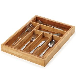 No Plastic Bamboo Kitchen Supplies Utensil Flatware Organizer For Narrow Drawers