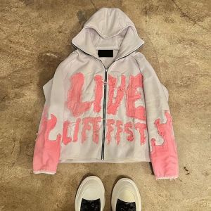 Streetwear Distressed Applique Embroidery Hoodie Cut Edge Distressed Cropped