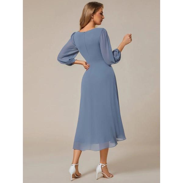 Elegant Empire Long Sleeve V-neck High Low A-line Ruffled Midi Dusty Navy Chiffon Wedding Guest Homecoming Dress