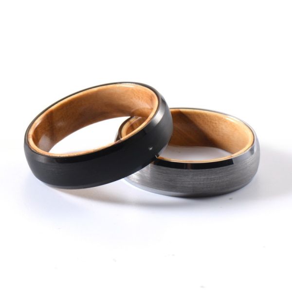 Buy Men's or Women's 6mm Tungsten Ring with Silver or Black Plating Olive Wood Inlay and Beveled Edges at wholesale prices
