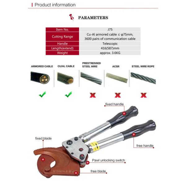 Not Rated Jaw Surface Ratchet Cable Cutter Industrial Grade for 75mm Diameter Cables