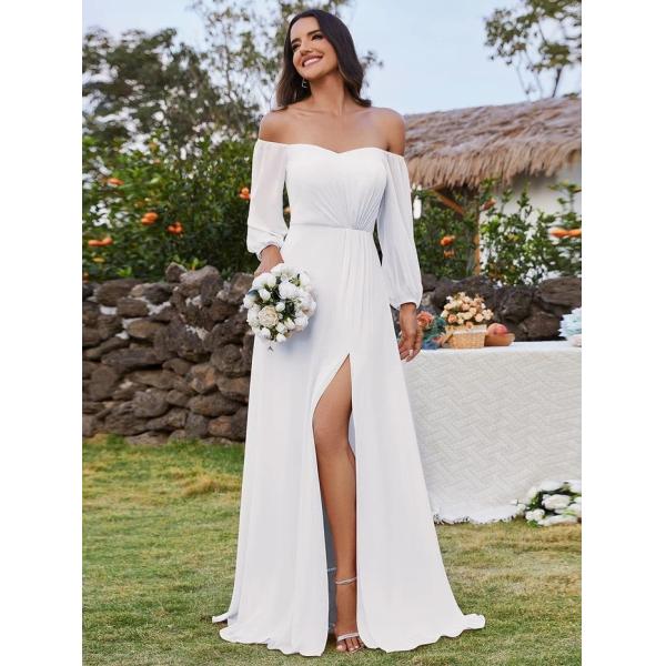 Plus Size Ruffled Long Sleeve High Slit Off-shoulder High Slit White Chiffon Evening Dress