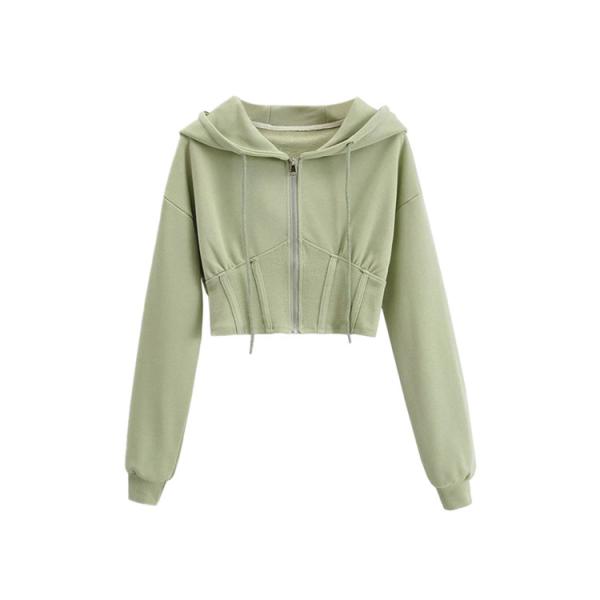 Spring New Ultra Short Style Waist Closed Fish Bone Long Sleeve Leisure Cardigan Top Sports Hooded Zipper Hoodie Coat Female