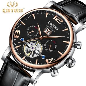 J030-4 KINYUED Mens Automatic Mechanical Watch Tourbillon Leather Waterproof