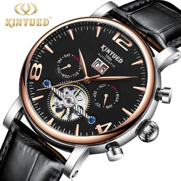 J030-4 KINYUED Mens Automatic Mechanical Watch Tourbillon Leather Waterproof
