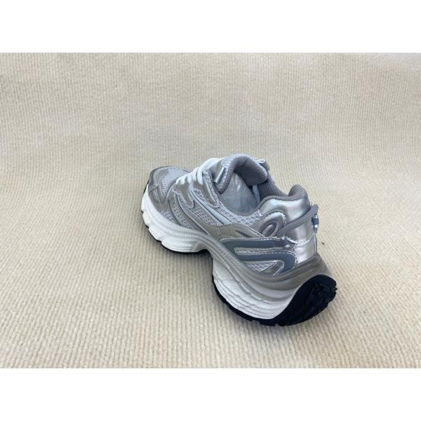 Women white silver sport shoes with thick soled and breathable mesh upper PU