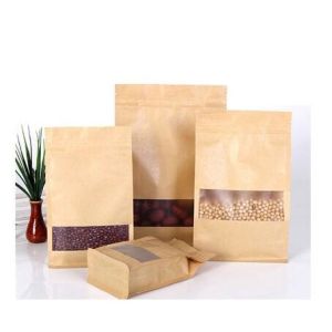 China Stand Up Transparent Resealable food packaging kraft paper with window and k for Coffee Bean on sale
