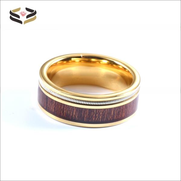 Men Flat Gold Tungsten Carbide Ring Koa Wood And Guitar String Inlayed 8mm For Party