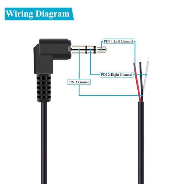 90 Degree Right Angle 3 Poles TRS 3.5mm Stereo Audio Jack to Stripped Pigtail Tinned Bare Wire End Cable