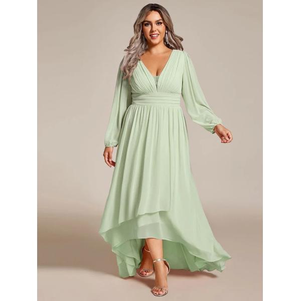 Plus Size Enchanting Lotus Leaf Lantern Sleeve Pleated Empire High Waist A-line Mint Green Chiffon Graduation Dress