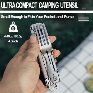 5-in-1 Camping Utensils, Multitool with Safety Locking, Detachable Stainless