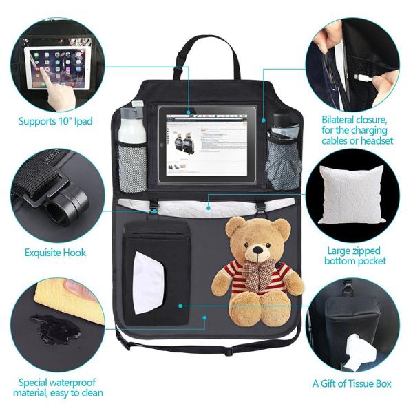 600D Polyester Fabric Car Backseat Trunk Organizer With Clear PVC iPad Holder