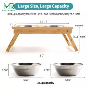 Bamboo Foldable Pet Feeder Non-Slip Two Bowls