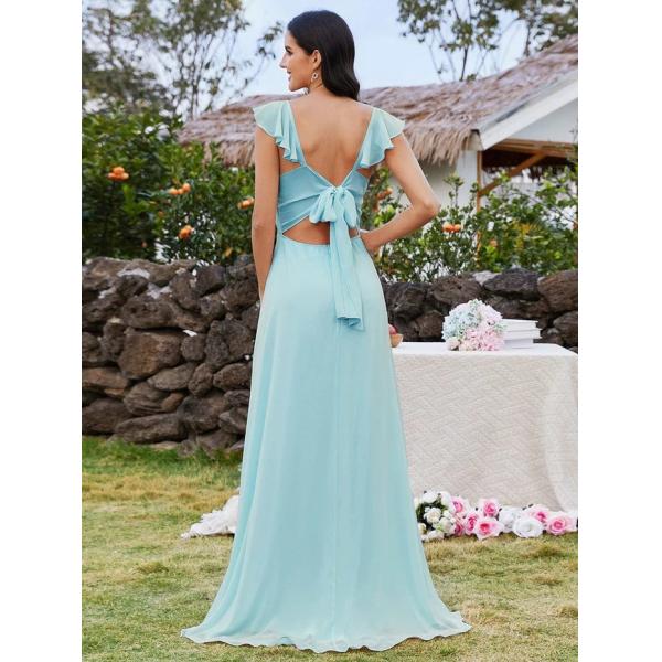 Ruffle Sleeves Sweep Train Bow-tie Backless And High Slit U-neck Sky Blue Chiffon Bridesmaid Dress